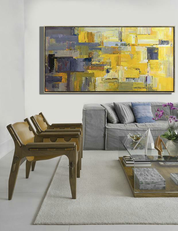 Large Modern Abstract Painting,Horizontal Palette Knife Contemporary Art Panoramic Canvas Painting,Acrylic Painting On Canvas,Yellow,Grey,Brown,White.etc
